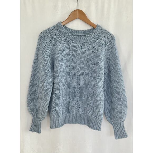 NWT $350 Rebecca Taylor Cable Knit Sweater MEDIUM Misty Blue Pullover Wool Blnd - Picture 2 of 8